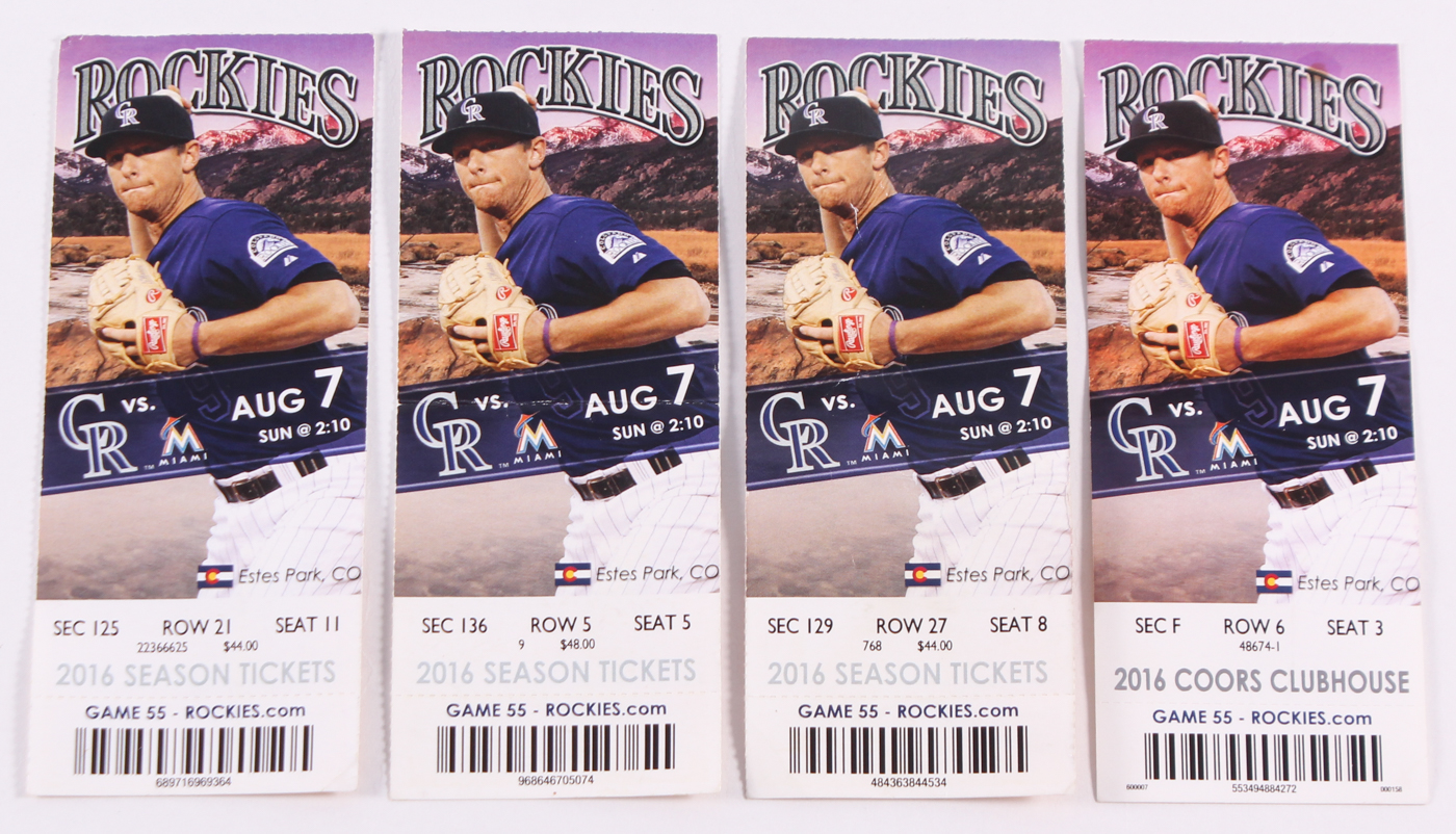 Lot of (4) Unused Ichiro 3,000th Hit Game Tickets (August 7, 2016 Colorado Rockies vs Miami Marlins) at PristineAuction.com Lot of (4) Unused Ichiro 3,000th Hit Game Tickets (August 7, 2016 Colorado Rockies vs Miami Marlins) at PristineAuction.com
