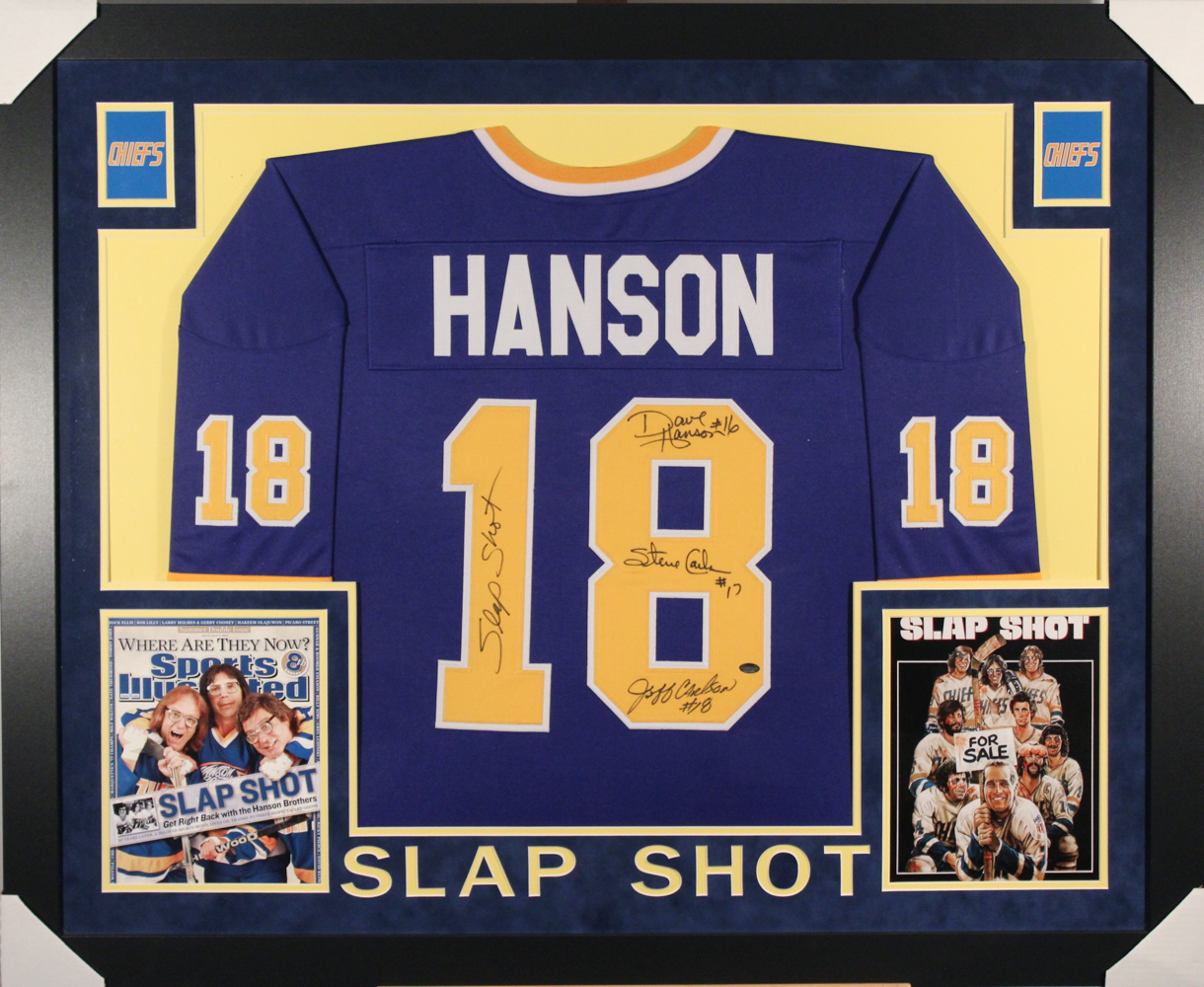 Hanson Brothers Signed "Slap Shot" Chiefs 35x43 Custom Framed Jersey Signed by (3) with Dave Hanson, Steve Carlson & Jeff Carlson Inscribed "Slap Shot" (Schwartz COA) at PristineAuction.com Hanson Brothers Signed "Slap Shot" Chiefs 35x43 Custom Framed Jersey Signed by (3) with Dave Hanson, Steve Carlson & Jeff Carlson Inscribed "Slap Shot" (Schwartz COA) at PristineAuction.com