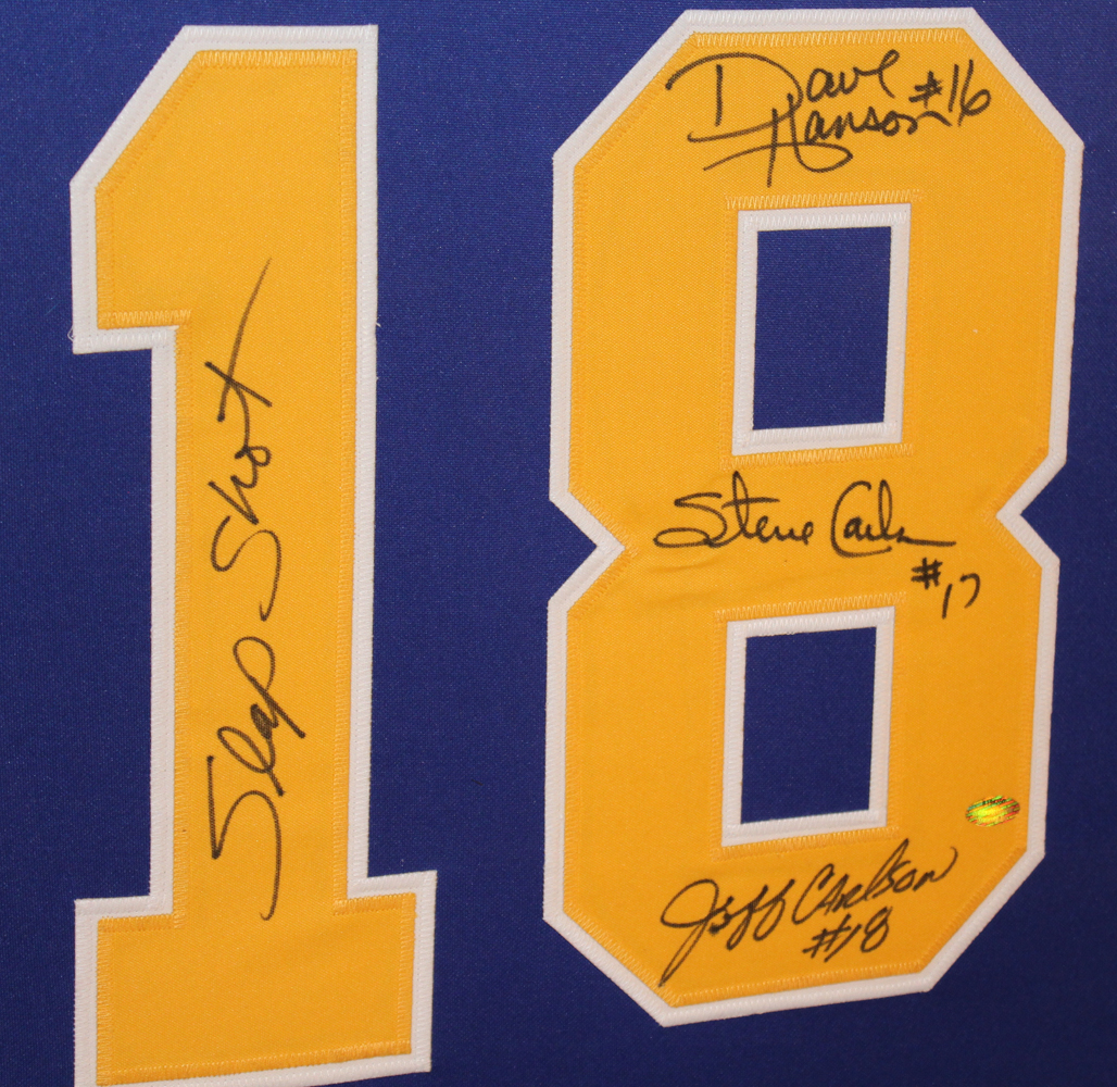 Hanson Brothers Signed "Slap Shot" Chiefs 35x43 Custom Framed Jersey Signed by (3) with Dave Hanson, Steve Carlson & Jeff Carlson Inscribed "Slap Shot" (Schwartz COA) at PristineAuction.com Hanson Brothers Signed "Slap Shot" Chiefs 35x43 Custom Framed Jersey Signed by (3) with Dave Hanson, Steve Carlson & Jeff Carlson Inscribed "Slap Shot" (Schwartz COA) at PristineAuction.com