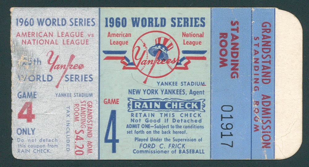 New York Yankees vs. Pittsburgh Pirates Authentic 1960 World Series Game 4 Ticket Stub