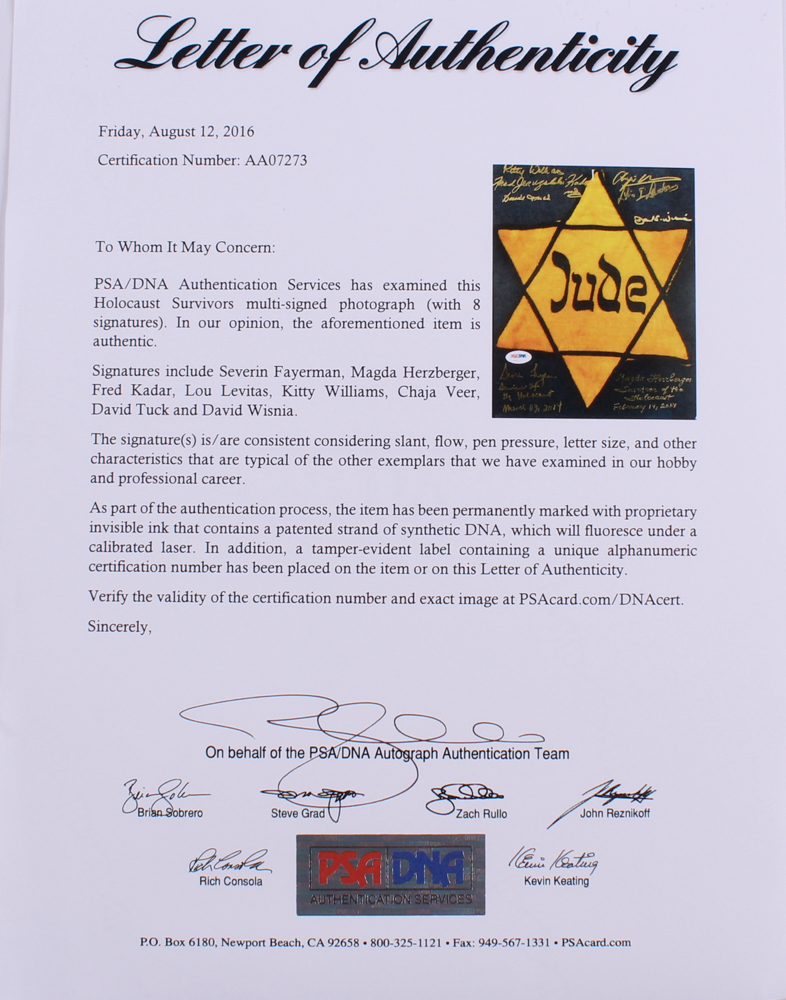 "Holocaust Survivors" 8x10 Photo Signed by (8) With Severin Fayerman, Magda Herzberger, Fred Kadar, Lou Levitas (PSA LOA) at PristineAuction.com "Holocaust Survivors" 8x10 Photo Signed by (8) With Severin Fayerman, Magda Herzberger, Fred Kadar, Lou Levitas (PSA LOA) at PristineAuction.com