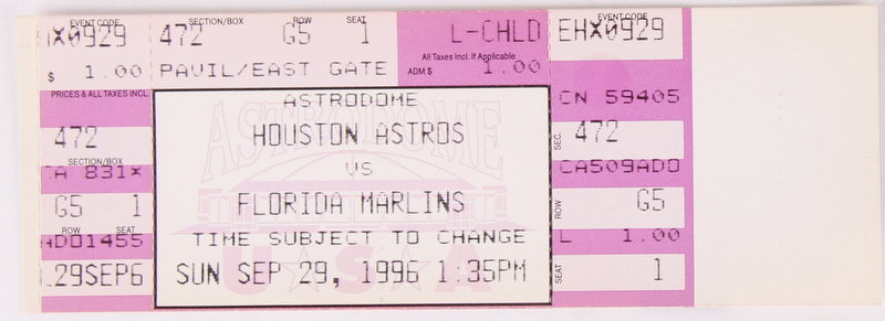 1996 Authentic Unused Astros vs. Marlins Game Ticket Pristine Auction