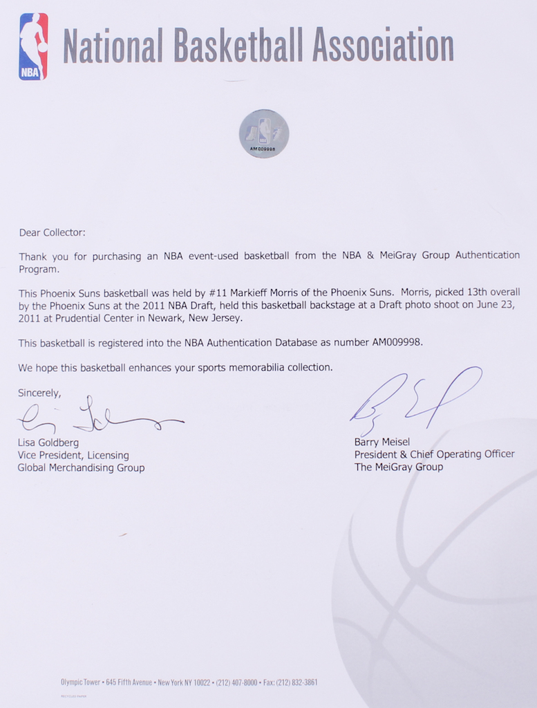 Markieff Morris Event-Used Phoenix Suns Logo Basketball (NBA LOA) at PristineAuction.com Markieff Morris Event-Used Phoenix Suns Logo Basketball (NBA LOA) at PristineAuction.com