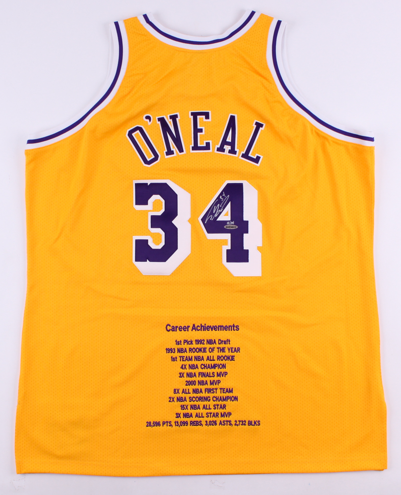 Shaquille O'Neal Signed LE Lakers Mitchell & Ness Authentic On-Court Career Highlight Stat Jersey (UDA COA) at PristineAuction.com Shaquille O'Neal Signed LE Lakers Mitchell & Ness Authentic On-Court Career Highlight Stat Jersey (UDA COA) at PristineAuction.com