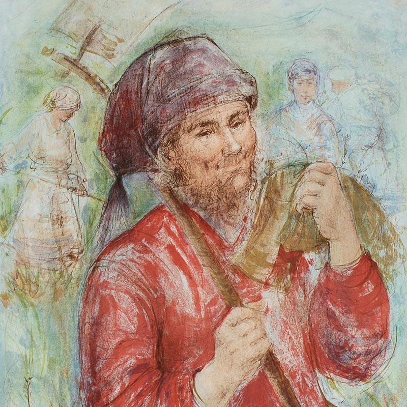 "Man with Hoe" LE 29x41 Lithograph by Edna Hibel (Artova) at PristineAuction.com "Man with Hoe" LE 29x41 Lithograph by Edna Hibel (Artova) at PristineAuction.com