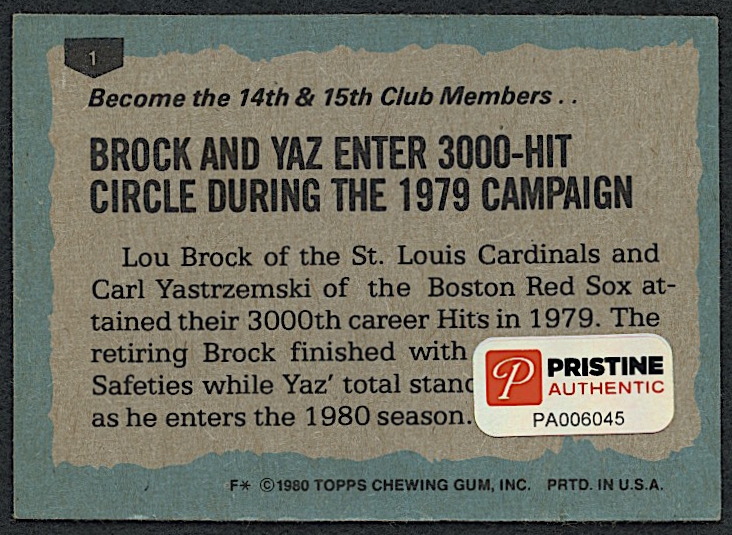 Lou Brock Signed 1980 Topps #1 Baseball Card (PA COA) at PristineAuction.com Lou Brock Signed 1980 Topps #1 Baseball Card (PA COA) at PristineAuction.com