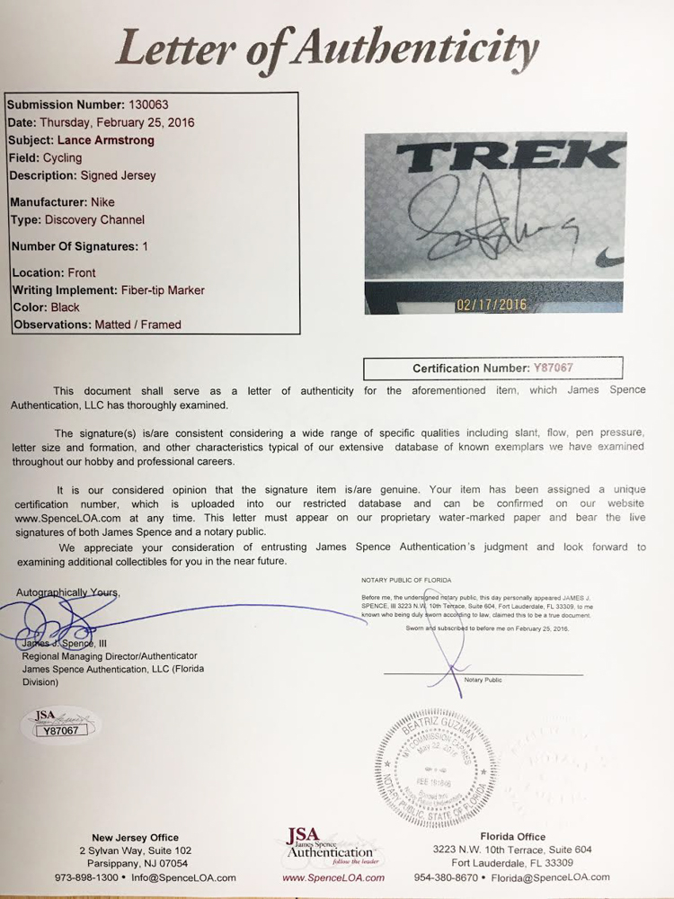 Lance Armstrong Signed 24x42 Custom Framed Jersey (JSA LOA) at PristineAuction.com Lance Armstrong Signed 24x42 Custom Framed Jersey (JSA LOA) at PristineAuction.com