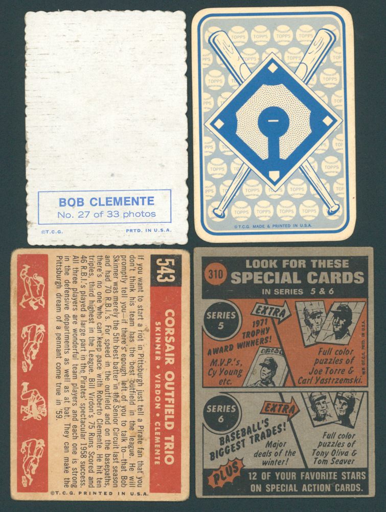 Lot of (4) Roberto Clemente Baseball Cards with 1972 Topps #310, 1969 Topps Deckle Edge #27, 1968 Topps Game #6 at PristineAuction.com Lot of (4) Roberto Clemente Baseball Cards with 1972 Topps #310, 1969 Topps Deckle Edge #27, 1968 Topps Game #6 at PristineAuction.com