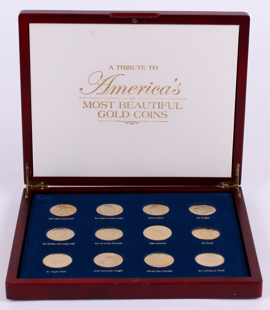 American Coin Treasures Tribute to Americas Most Beautiful Gold Coins Set of (12) with Display Box at PristineAuction.com American Coin Treasures Tribute to Americas Most Beautiful Gold Coins Set of (12) with Display Box at PristineAuction.com