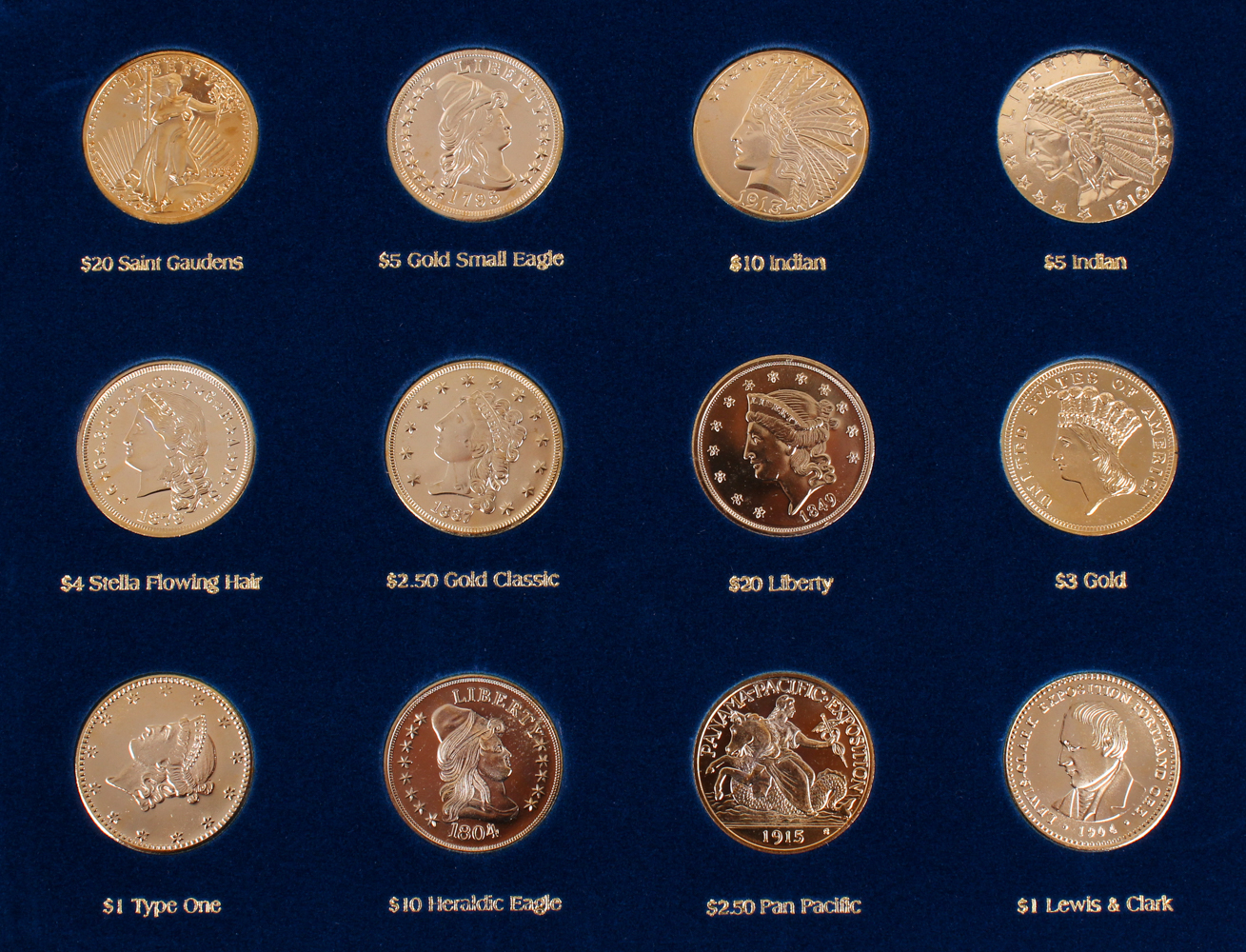American Coin Treasures Tribute to Americas Most Beautiful Gold Coins Set of (12) with Display Box at PristineAuction.com American Coin Treasures Tribute to Americas Most Beautiful Gold Coins Set of (12) with Display Box at PristineAuction.com
