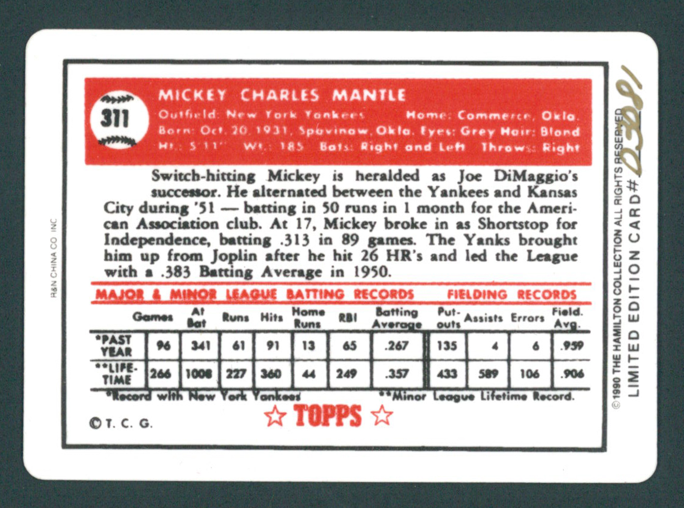 Mickey Mantle 1952 Topps #311 Hamilton Collection Porcelain LE Baseball Card at PristineAuction.com Mickey Mantle 1952 Topps #311 Hamilton Collection Porcelain LE Baseball Card at PristineAuction.com