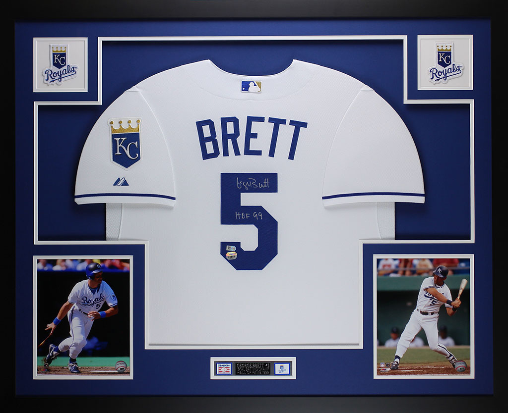 George Brett Signed Royals 35" x 43" Custom Framed Jersey Inscribed "HOF 99" (Fanatics & MLB Hologram) at PristineAuction.com George Brett Signed Royals 35" x 43" Custom Framed Jersey Inscribed "HOF 99" (Fanatics & MLB Hologram) at PristineAuction.com