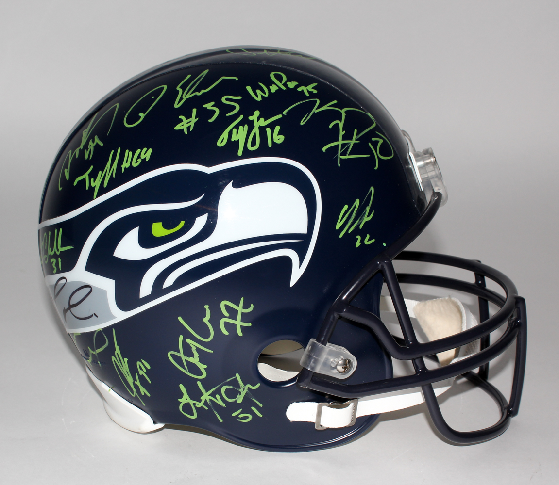 Seattle Seahawks Full-Size Helmet Team-Signed by (26) with Trevone Boykin, Russell Wilson, Pete Carroll, Warren Moon, Doug Baldwin, Tyler Lockett (JSA ALOA) at PristineAuction.com Seattle Seahawks Full-Size Helmet Team-Signed by (26) with Trevone Boykin, Russell Wilson, Pete Carroll, Warren Moon, Doug Baldwin, Tyler Lockett (JSA ALOA) at PristineAuction.com