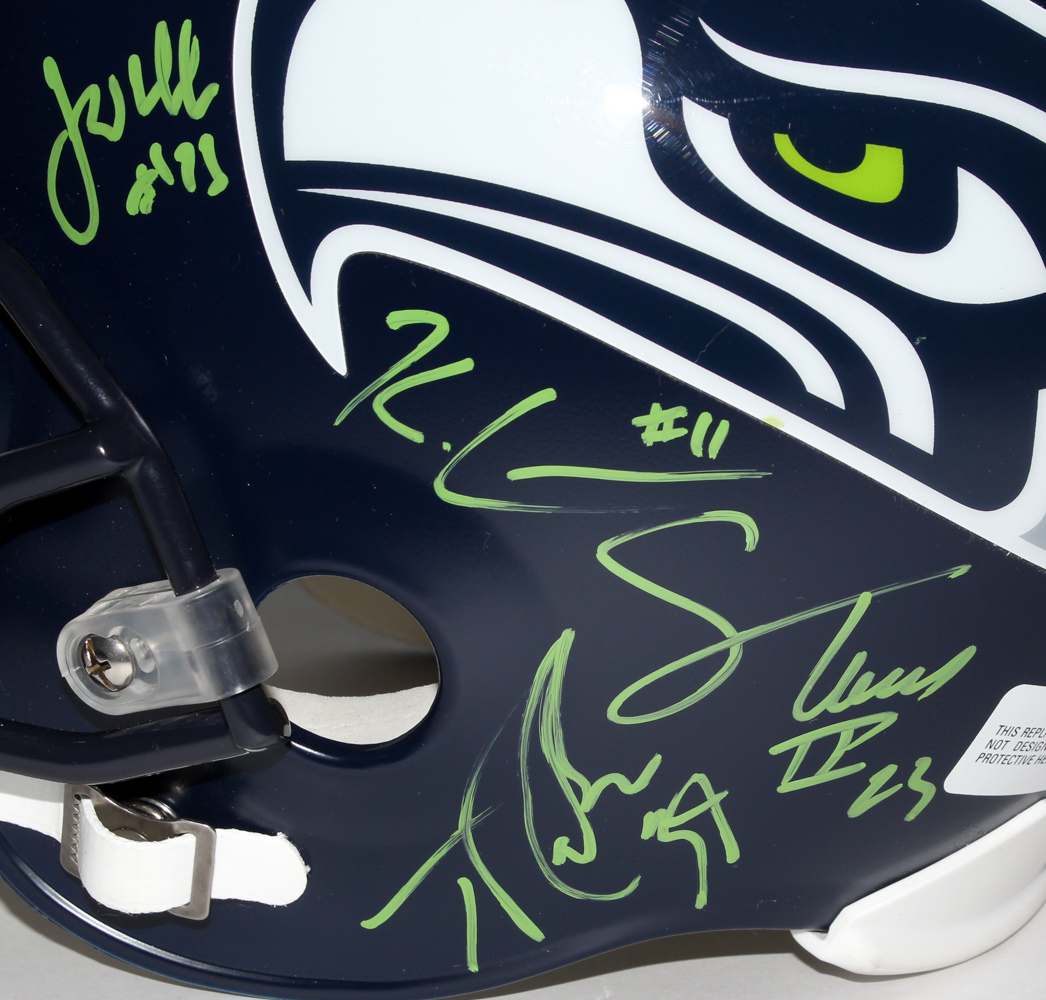 Seattle Seahawks Full-Size Helmet Team-Signed by (26) with Trevone Boykin, Russell Wilson, Pete Carroll, Warren Moon, Doug Baldwin, Tyler Lockett (JSA ALOA) at PristineAuction.com Seattle Seahawks Full-Size Helmet Team-Signed by (26) with Trevone Boykin, Russell Wilson, Pete Carroll, Warren Moon, Doug Baldwin, Tyler Lockett (JSA ALOA) at PristineAuction.com