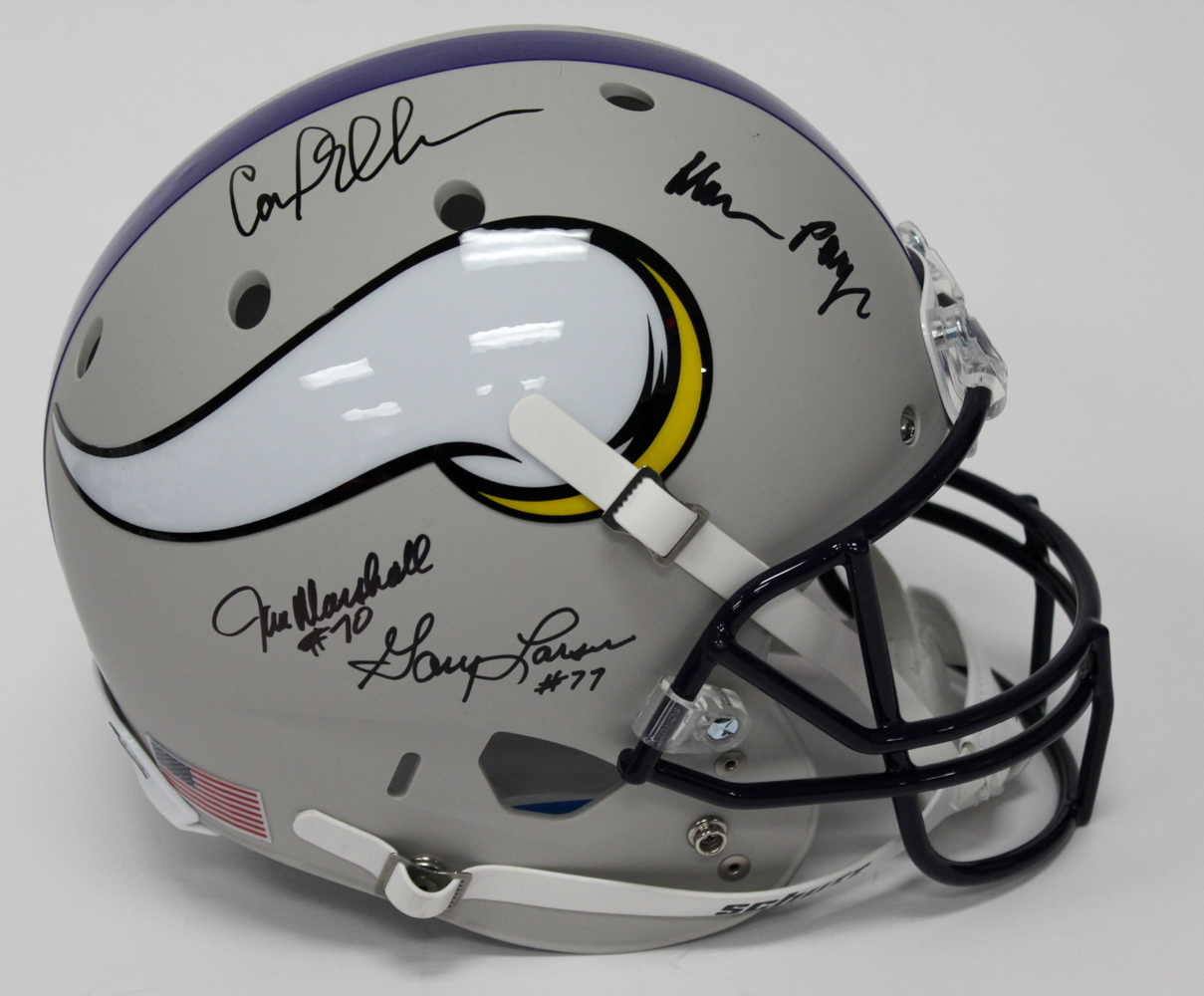 Vikings "Purple People Eaters" Custom Matte Grey Full-Size Helmet Signed by (4) with Alan Page, Carl Eller, Jim Marshall & Gary Larsen (JSA COA) at PristineAuction.com Vikings "Purple People Eaters" Custom Matte Grey Full-Size Helmet Signed by (4) with Alan Page, Carl Eller, Jim Marshall & Gary Larsen (JSA COA) at PristineAuction.com