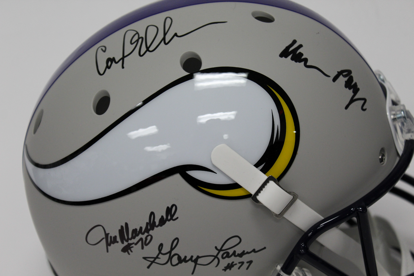 Vikings "Purple People Eaters" Custom Matte Grey Full-Size Helmet Signed by (4) with Alan Page, Carl Eller, Jim Marshall & Gary Larsen (JSA COA) at PristineAuction.com Vikings "Purple People Eaters" Custom Matte Grey Full-Size Helmet Signed by (4) with Alan Page, Carl Eller, Jim Marshall & Gary Larsen (JSA COA) at PristineAuction.com
