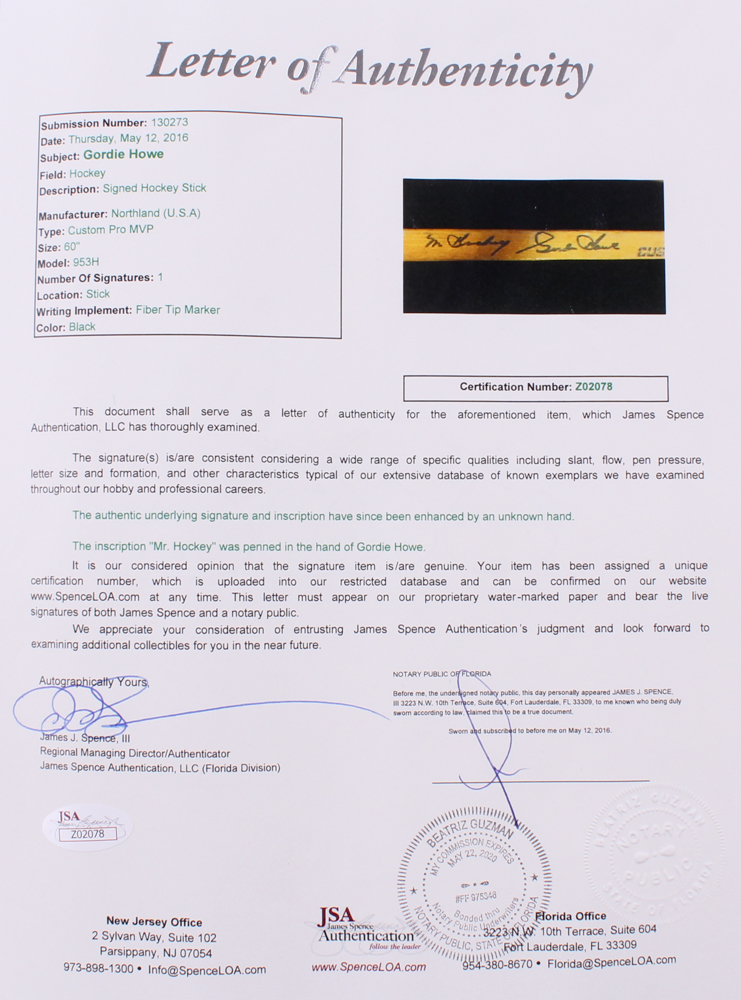 Gordie Howe Signed Northland Full-Size Hockey Stick Inscribed "Mr Hockey" (JSA LOA) at PristineAuction.com Gordie Howe Signed Northland Full-Size Hockey Stick Inscribed "Mr Hockey" (JSA LOA) at PristineAuction.com