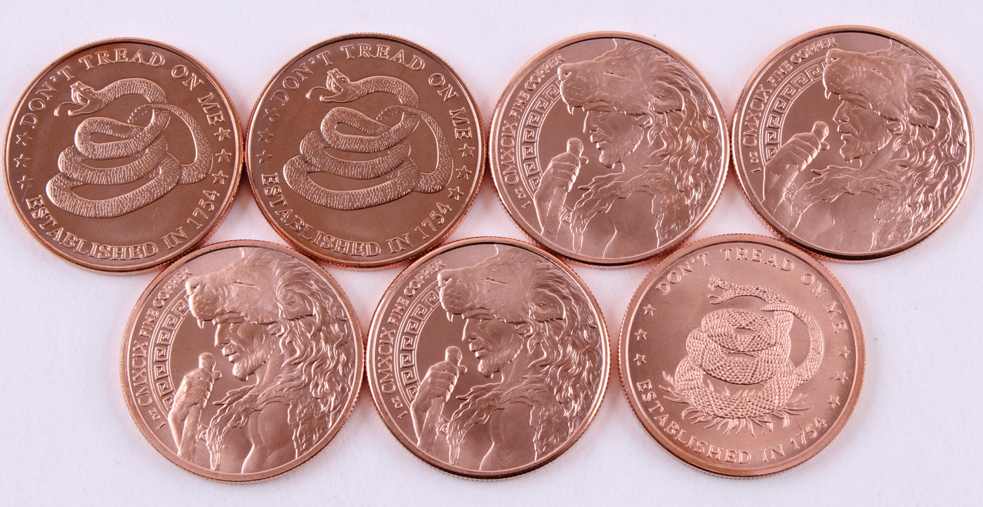 Lot of (7) 1 oz .999 Fine Copper Bullion Rounds with Various Designs at PristineAuction.com Lot of (7) 1 oz .999 Fine Copper Bullion Rounds with Various Designs at PristineAuction.com
