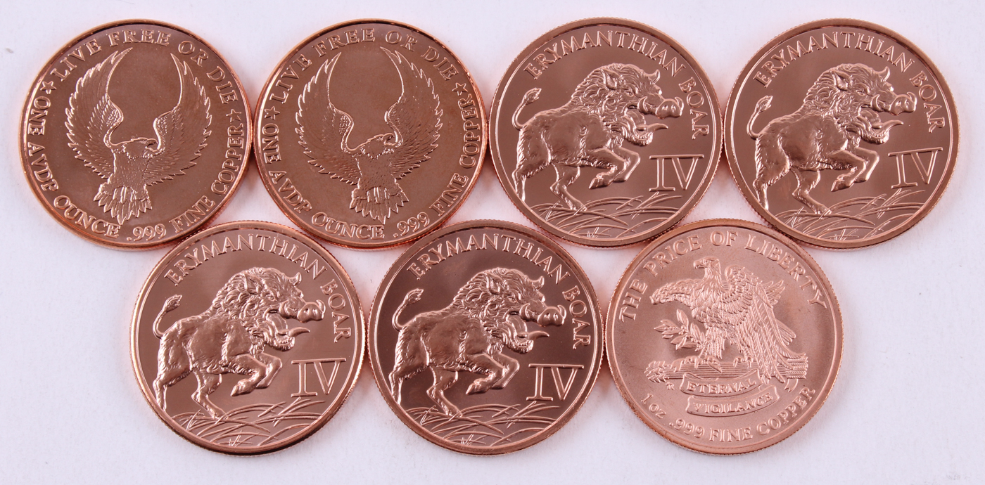 Lot of (7) 1 oz .999 Fine Copper Bullion Rounds with Various Designs at PristineAuction.com Lot of (7) 1 oz .999 Fine Copper Bullion Rounds with Various Designs at PristineAuction.com