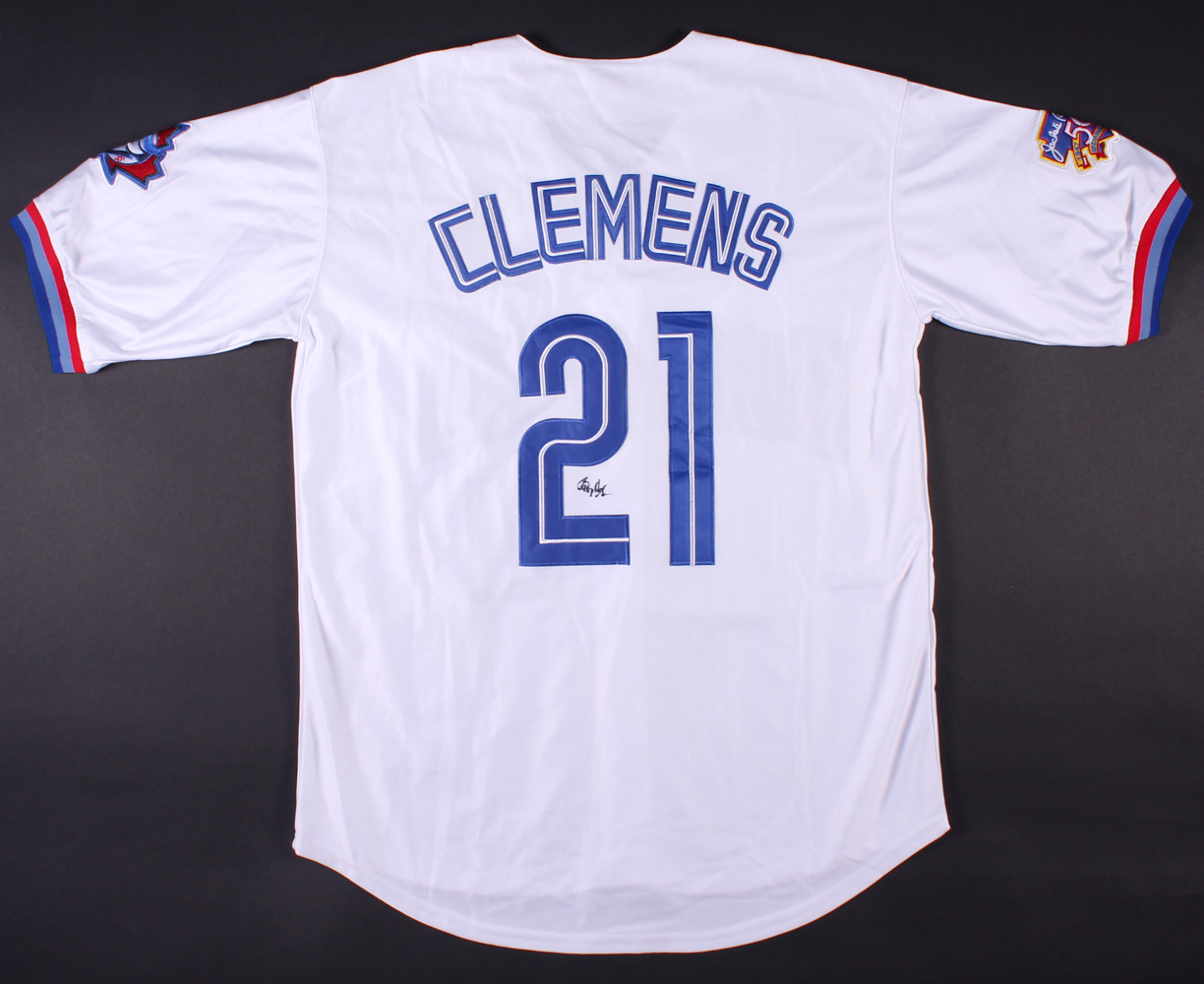 Roger Clemens Signed Blue Jays Jersey with Jackie Robinson 50th Breaking Barriers Patch (PSA COA) at PristineAuction.com Roger Clemens Signed Blue Jays Jersey with Jackie Robinson 50th Breaking Barriers Patch (PSA COA) at PristineAuction.com