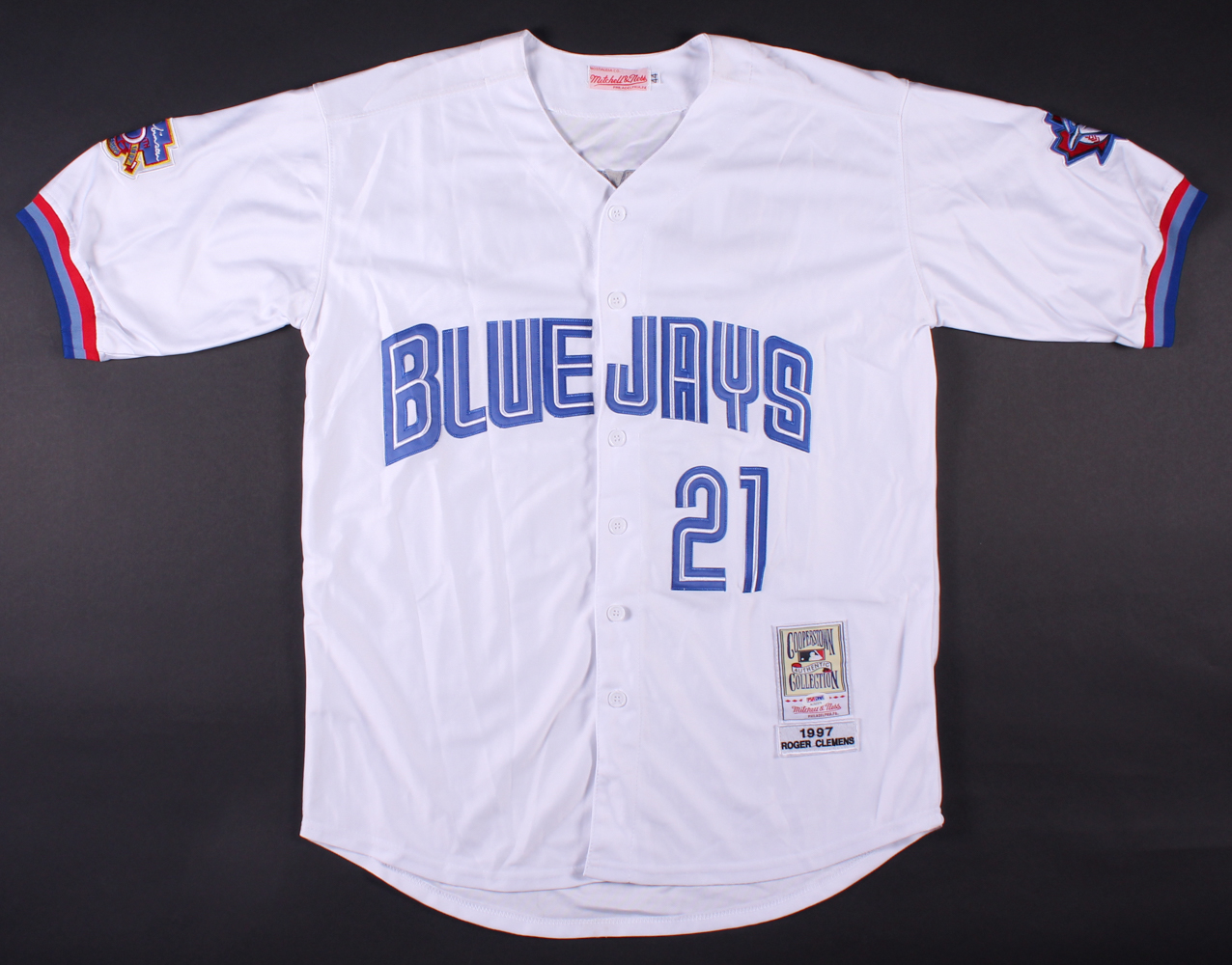 Roger Clemens Signed Blue Jays Jersey with Jackie Robinson 50th Breaking Barriers Patch (PSA COA) at PristineAuction.com Roger Clemens Signed Blue Jays Jersey with Jackie Robinson 50th Breaking Barriers Patch (PSA COA) at PristineAuction.com