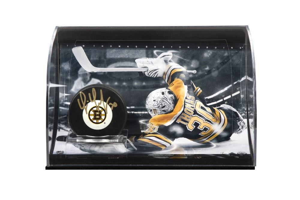 Tim Thomas Signed Bruins Logo Hockey Puck Curve Display (UDA COA) at PristineAuction.com Tim Thomas Signed Bruins Logo Hockey Puck Curve Display (UDA COA) at PristineAuction.com