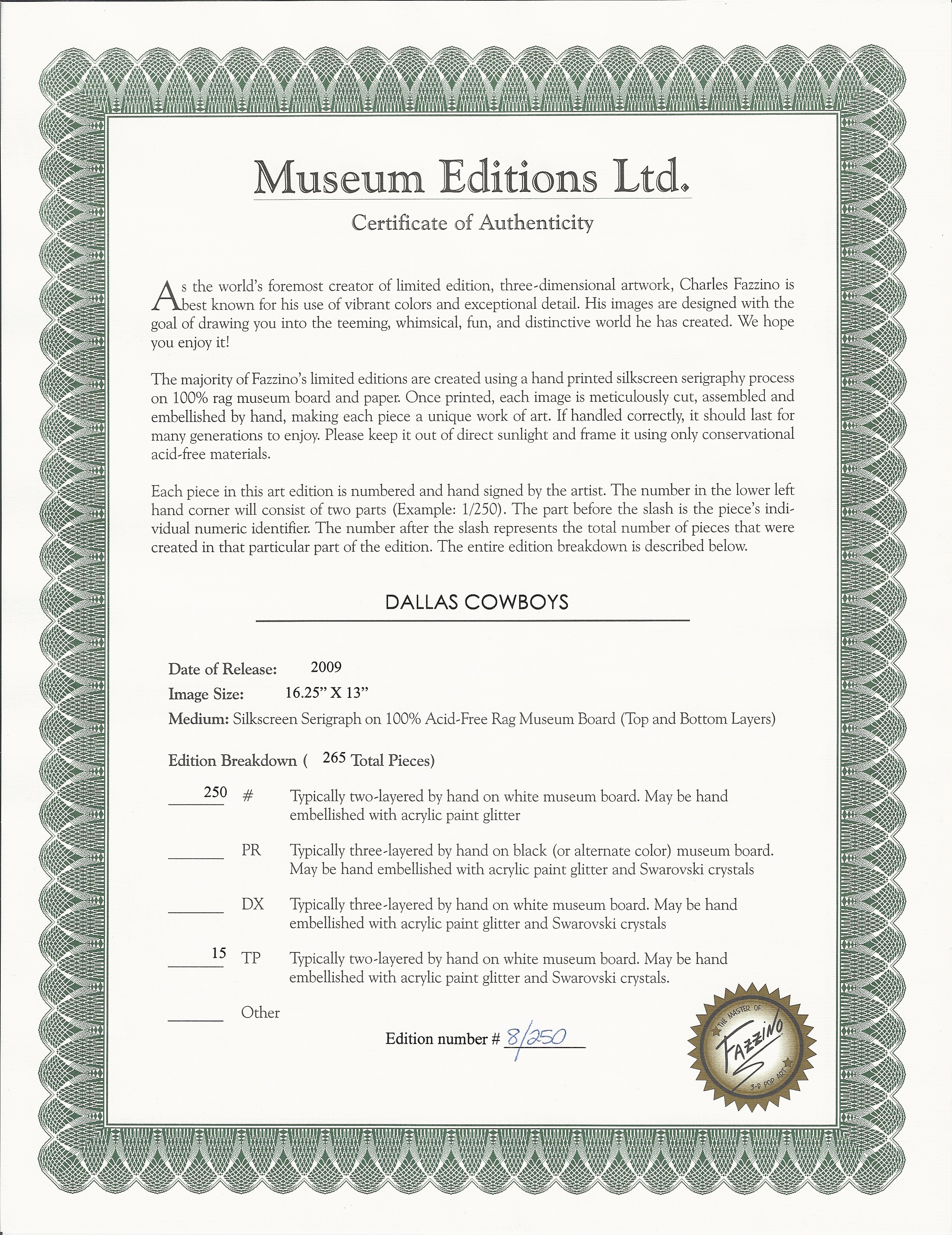 Charles Fazzino Signed LE 2009 AT&T Stadium Dallas Cowboys Custom Hand-Painted 17x19 3D Pop Artwork on Museum Board (Museum Editions COA) at PristineAuction.com Charles Fazzino Signed LE 2009 AT&T Stadium Dallas Cowboys Custom Hand-Painted 17x19 3D Pop Artwork on Museum Board (Museum Editions COA) at PristineAuction.com