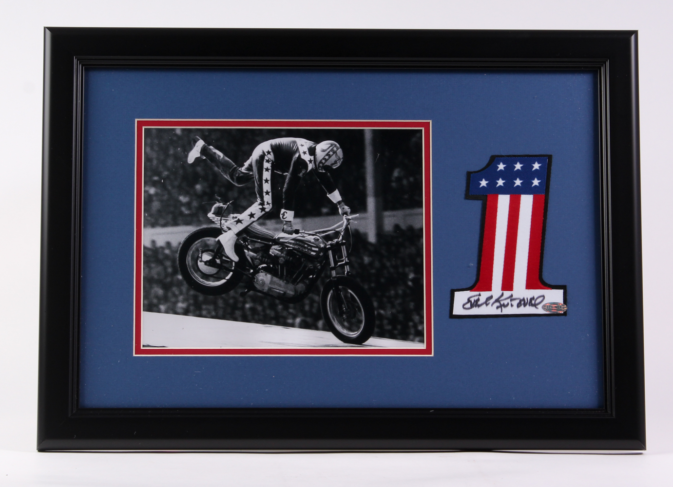Evel Knievel Signed Number One Patch 14x20 Custom Framed Display (Steiner COA) at PristineAuction.com Evel Knievel Signed Number One Patch 14x20 Custom Framed Display (Steiner COA) at PristineAuction.com