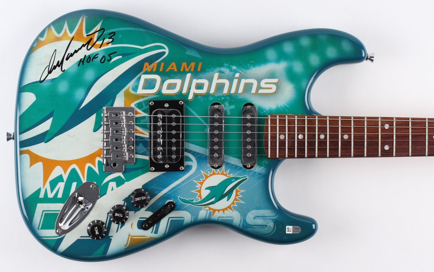 Dan Marino Signed Miami Dolphins Custom NFL Woodrow Northender Electric Guitar Inscribed "HOF 05" (Fanatics Hologram) at PristineAuction.com Dan Marino Signed Miami Dolphins Custom NFL Woodrow Northender Electric Guitar Inscribed "HOF 05" (Fanatics Hologram) at PristineAuction.com