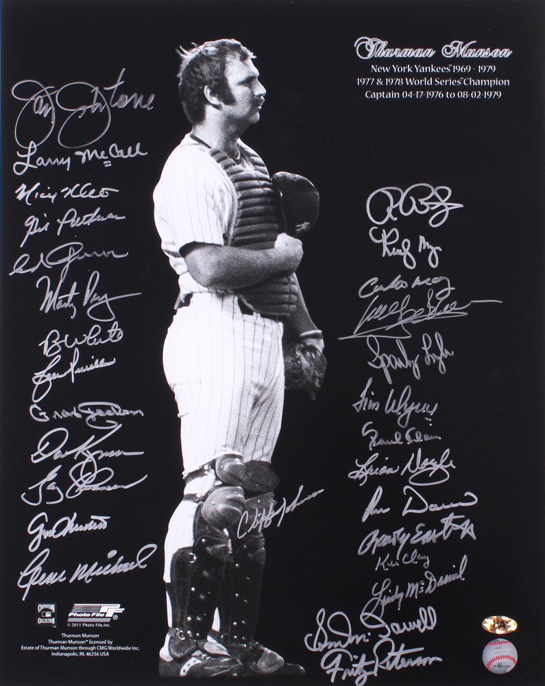 Thurman Munson Yankees 16x20 Photo Signed by (28) with Lou Piniella, Ron Blomberg, Sparky Lyle, Jimmy Wynn, Cliff Johnson, Jay Johnstone (MAB Hologram) at PristineAuction.com Thurman Munson Yankees 16x20 Photo Signed by (28) with Lou Piniella, Ron Blomberg, Sparky Lyle, Jimmy Wynn, Cliff Johnson, Jay Johnstone (MAB Hologram) at PristineAuction.com