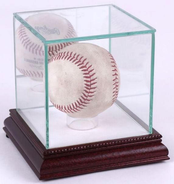 Premium Single Baseball Glass Display Case with White Suede & Cherry Wood Base & Mirrored Back at PristineAuction.com Premium Single Baseball Glass Display Case with White Suede & Cherry Wood Base & Mirrored Back at PristineAuction.com