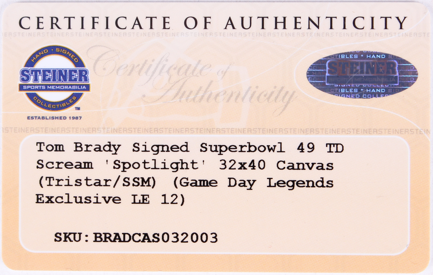 Tom Brady Signed Patriots LE "Super Bowl 49 Touch Down Scream" 32x40 Stretched Canvas (TriStar Hologram & Steiner COA) at PristineAuction.com Tom Brady Signed Patriots LE "Super Bowl 49 Touch Down Scream" 32x40 Stretched Canvas (TriStar Hologram & Steiner COA) at PristineAuction.com
