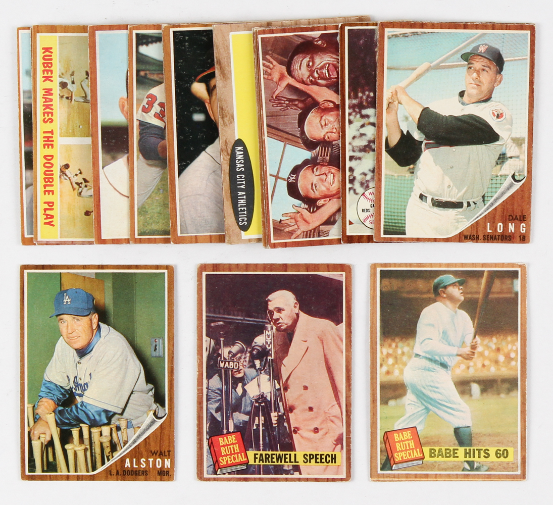 Lot of (24) 1962 Topps Baseball Cards with #217 Walter Alston, #144 Babe Ruth Special 10 / Farewell Speech, #139A1 Babe Ruth Special 5 / Babe Hits 60 at PristineAuction.com Lot of (24) 1962 Topps Baseball Cards with #217 Walter Alston, #144 Babe Ruth Special 10 / Farewell Speech, #139A1 Babe Ruth Special 5 / Babe Hits 60 at PristineAuction.com