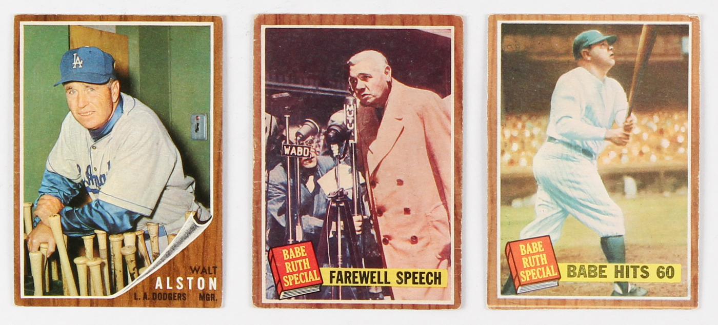 Lot of (24) 1962 Topps Baseball Cards with #217 Walter Alston, #144 Babe Ruth Special 10 / Farewell Speech, #139A1 Babe Ruth Special 5 / Babe Hits 60 at PristineAuction.com Lot of (24) 1962 Topps Baseball Cards with #217 Walter Alston, #144 Babe Ruth Special 10 / Farewell Speech, #139A1 Babe Ruth Special 5 / Babe Hits 60 at PristineAuction.com