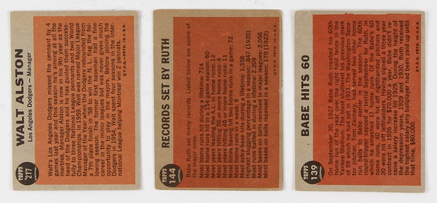 Lot of (24) 1962 Topps Baseball Cards with #217 Walter Alston, #144 Babe Ruth Special 10 / Farewell Speech, #139A1 Babe Ruth Special 5 / Babe Hits 60 at PristineAuction.com Lot of (24) 1962 Topps Baseball Cards with #217 Walter Alston, #144 Babe Ruth Special 10 / Farewell Speech, #139A1 Babe Ruth Special 5 / Babe Hits 60 at PristineAuction.com