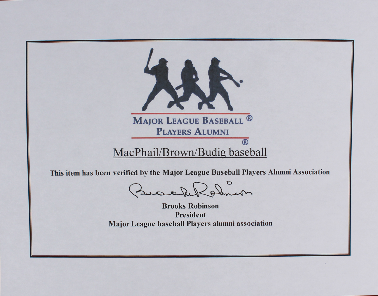 American League Presidents Multi-Signed 1995 World Series Baseball with Lee MacPhail, Bobby Brown & Gene Budig (Major League Baseball Players Alumni Association LOA) at PristineAuction.com American League Presidents Multi-Signed 1995 World Series Baseball with Lee MacPhail, Bobby Brown & Gene Budig (Major League Baseball Players Alumni Association LOA) at PristineAuction.com