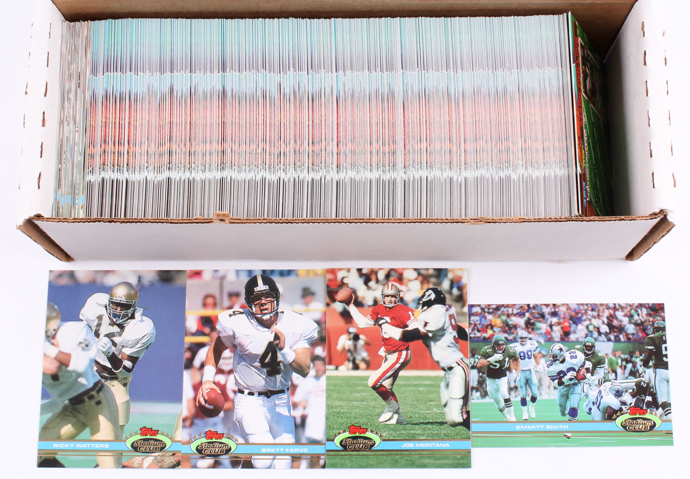 1991 Topps Stadium Club Complete Set of (500) Football Cards with #94 Brett Favre RC, #60 Ricky Watters RC, #327 Joe Montana, #2 Emmitt Smith at PristineAuction.com 1991 Topps Stadium Club Complete Set of (500) Football Cards with #94 Brett Favre RC, #60 Ricky Watters RC, #327 Joe Montana, #2 Emmitt Smith at PristineAuction.com