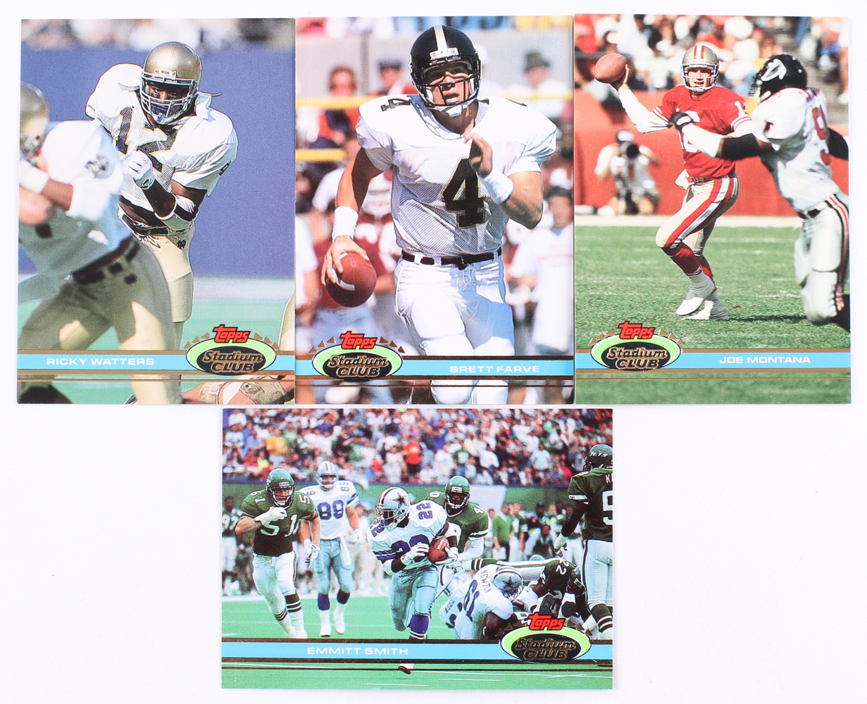 1991 Topps Stadium Club Complete Set of (500) Football Cards with #94 Brett Favre RC, #60 Ricky Watters RC, #327 Joe Montana, #2 Emmitt Smith at PristineAuction.com 1991 Topps Stadium Club Complete Set of (500) Football Cards with #94 Brett Favre RC, #60 Ricky Watters RC, #327 Joe Montana, #2 Emmitt Smith at PristineAuction.com