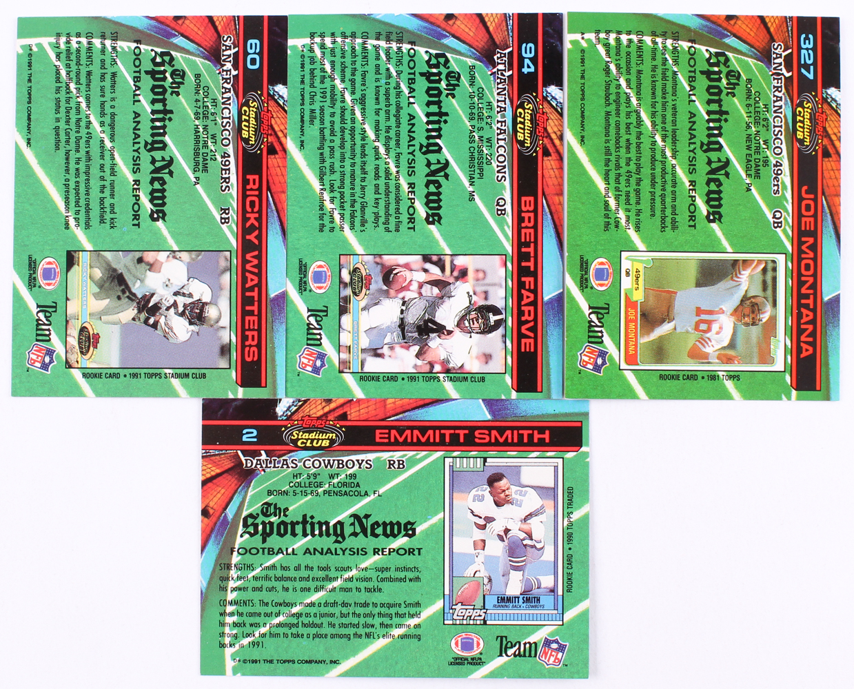1991 Topps Stadium Club Complete Set of (500) Football Cards with #94 Brett Favre RC, #60 Ricky Watters RC, #327 Joe Montana, #2 Emmitt Smith at PristineAuction.com 1991 Topps Stadium Club Complete Set of (500) Football Cards with #94 Brett Favre RC, #60 Ricky Watters RC, #327 Joe Montana, #2 Emmitt Smith at PristineAuction.com