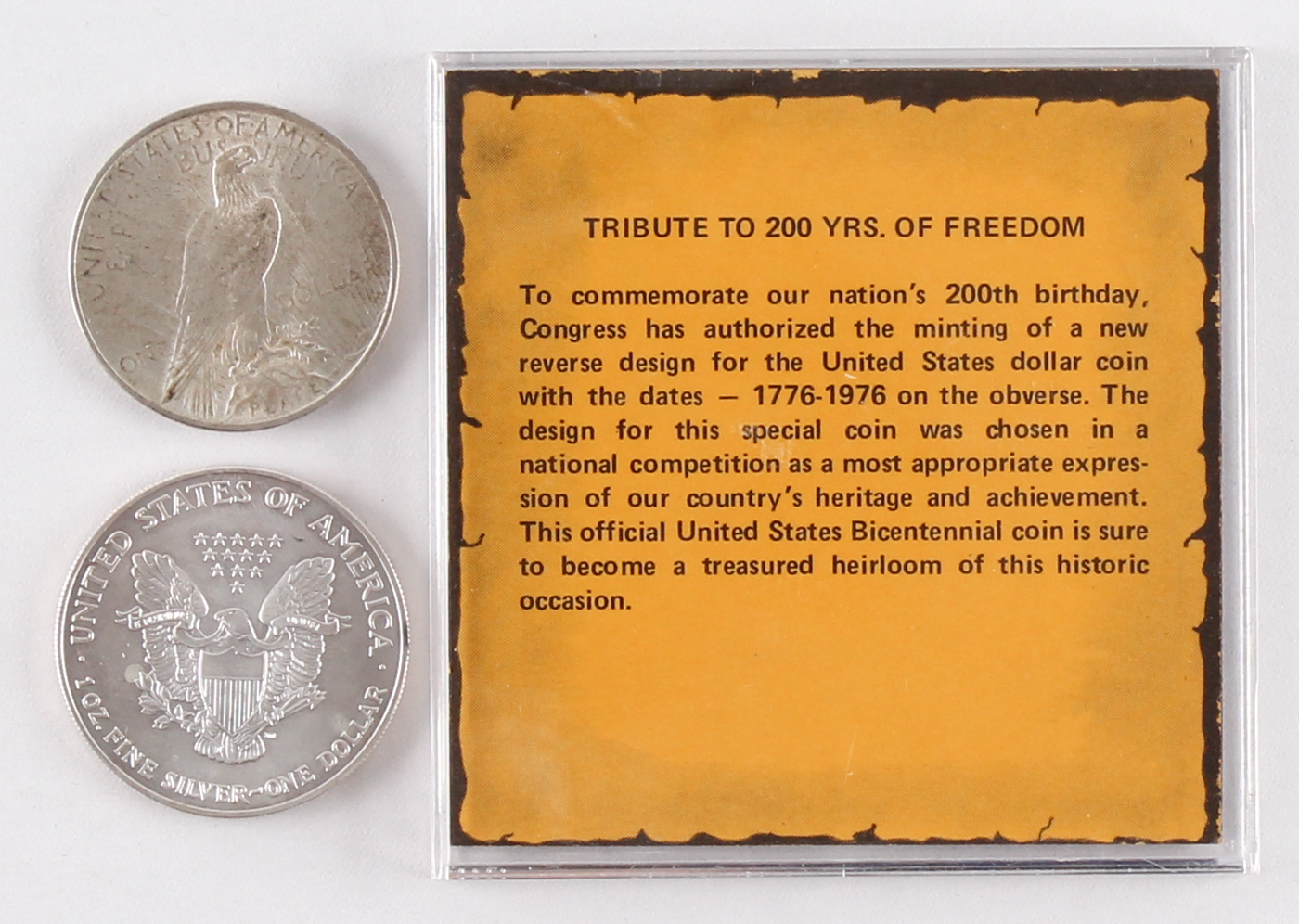 1776-1976 Official United States Bicentennial Coin Set of (3) Coins with (2) Liberty Silver Dollars at PristineAuction.com 1776-1976 Official United States Bicentennial Coin Set of (3) Coins with (2) Liberty Silver Dollars at PristineAuction.com