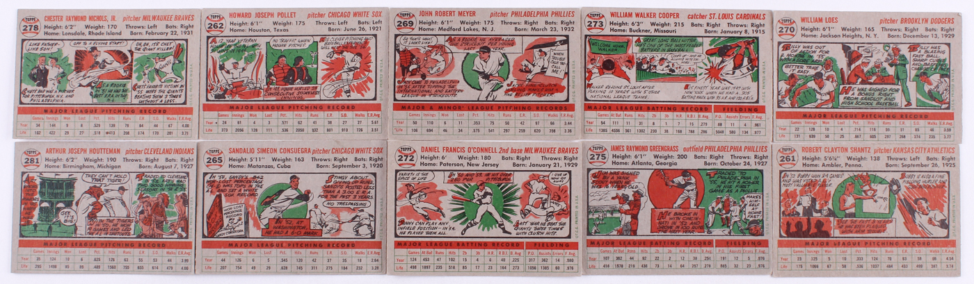 Lot of (10) 1956 Topps Baseball Cards with #261 Bobby Shantz, #281 Art Houtteman, #272 Danny O'Connell, #265 Sandy Consuegra, #275 Jim Greengrass at PristineAuction.com Lot of (10) 1956 Topps Baseball Cards with #261 Bobby Shantz, #281 Art Houtteman, #272 Danny O'Connell, #265 Sandy Consuegra, #275 Jim Greengrass at PristineAuction.com