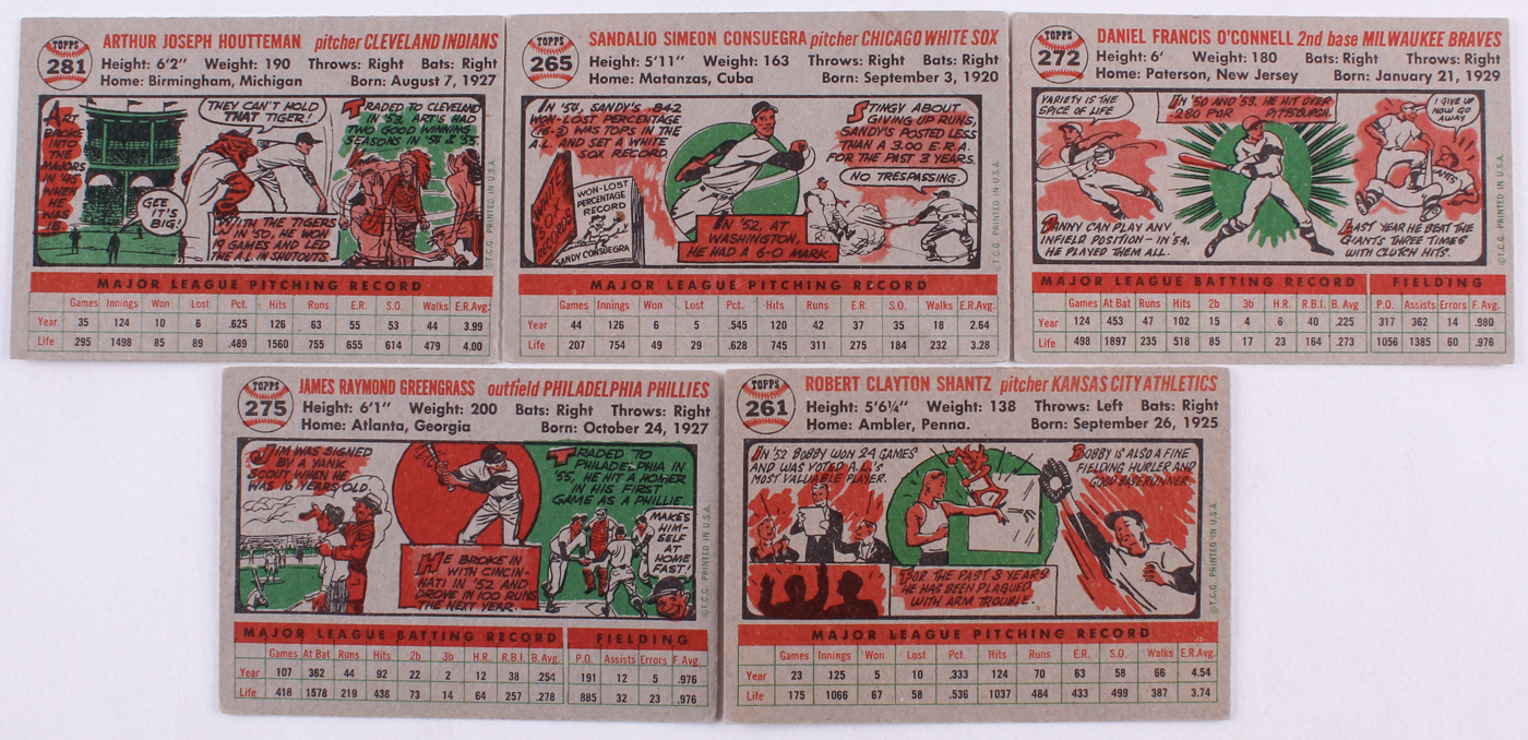 Lot of (10) 1956 Topps Baseball Cards with #261 Bobby Shantz, #281 Art Houtteman, #272 Danny O'Connell, #265 Sandy Consuegra, #275 Jim Greengrass at PristineAuction.com Lot of (10) 1956 Topps Baseball Cards with #261 Bobby Shantz, #281 Art Houtteman, #272 Danny O'Connell, #265 Sandy Consuegra, #275 Jim Greengrass at PristineAuction.com