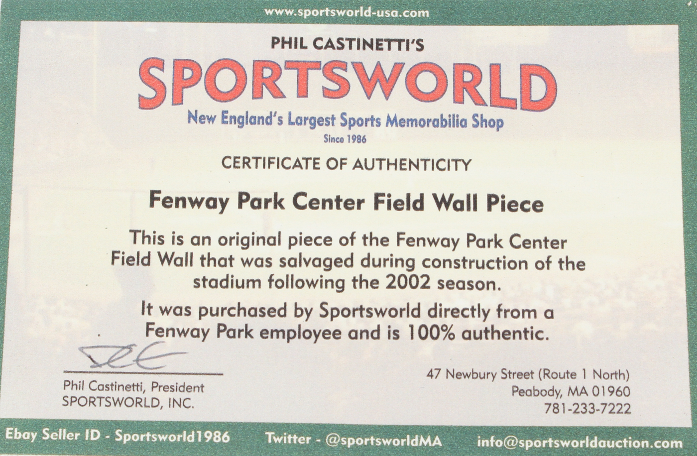 Boston Red Sox Fenway Park "Green Monster" Authentic Game-Used Center Field Wall Piece (Sportsworld COA) at PristineAuction.com Boston Red Sox Fenway Park "Green Monster" Authentic Game-Used Center Field Wall Piece (Sportsworld COA) at PristineAuction.com