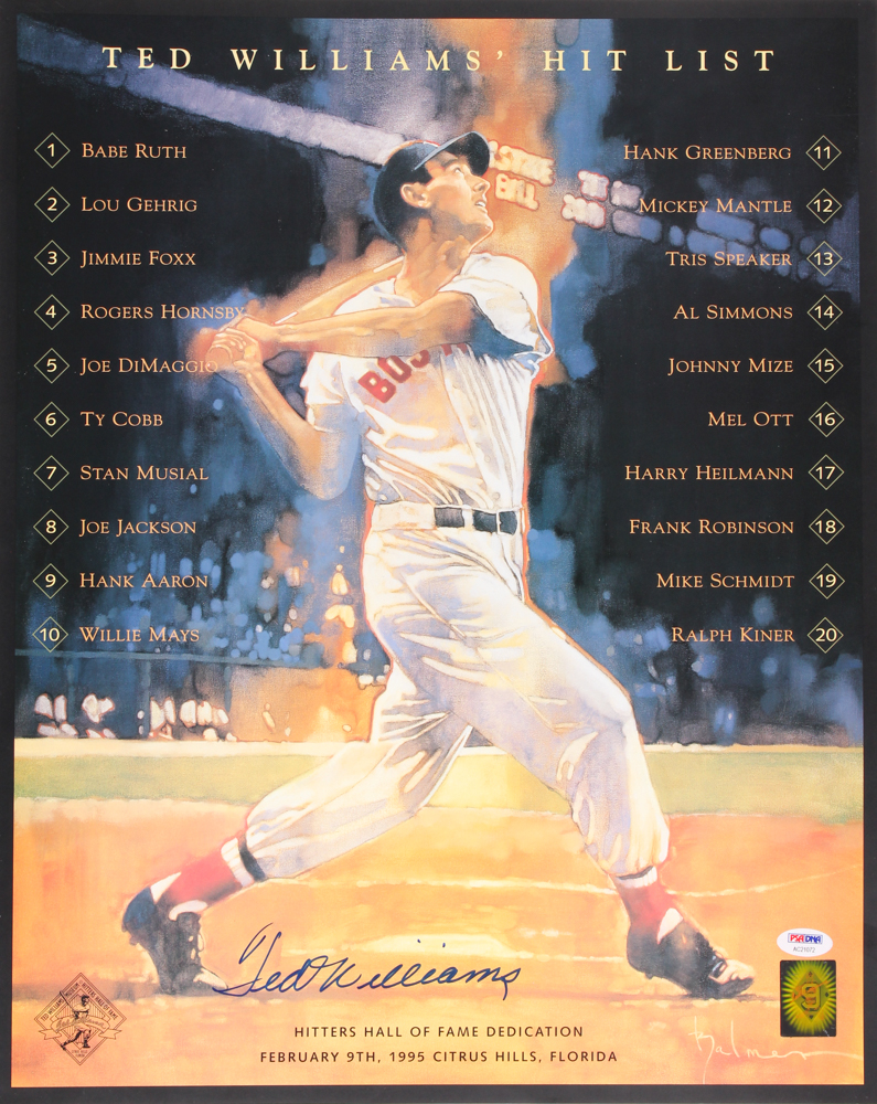 Ted Williams Signed "Hit List" 16x20 Lithograph (PSA LOA & Green Diamond COA) at PristineAuction.com Ted Williams Signed "Hit List" 16x20 Lithograph (PSA LOA & Green Diamond COA) at PristineAuction.com