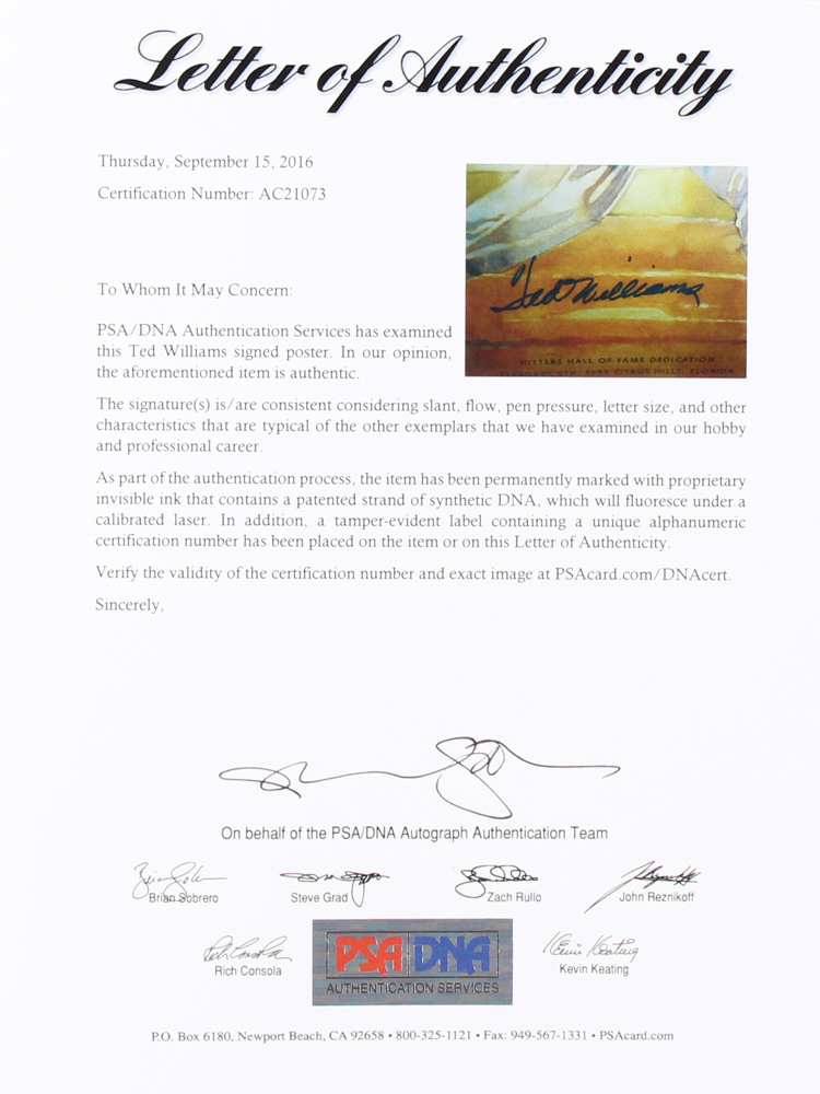 Ted Williams Signed "Hit List" 16x20 Lithograph (PSA LOA & Green Diamond COA) at PristineAuction.com Ted Williams Signed "Hit List" 16x20 Lithograph (PSA LOA & Green Diamond COA) at PristineAuction.com