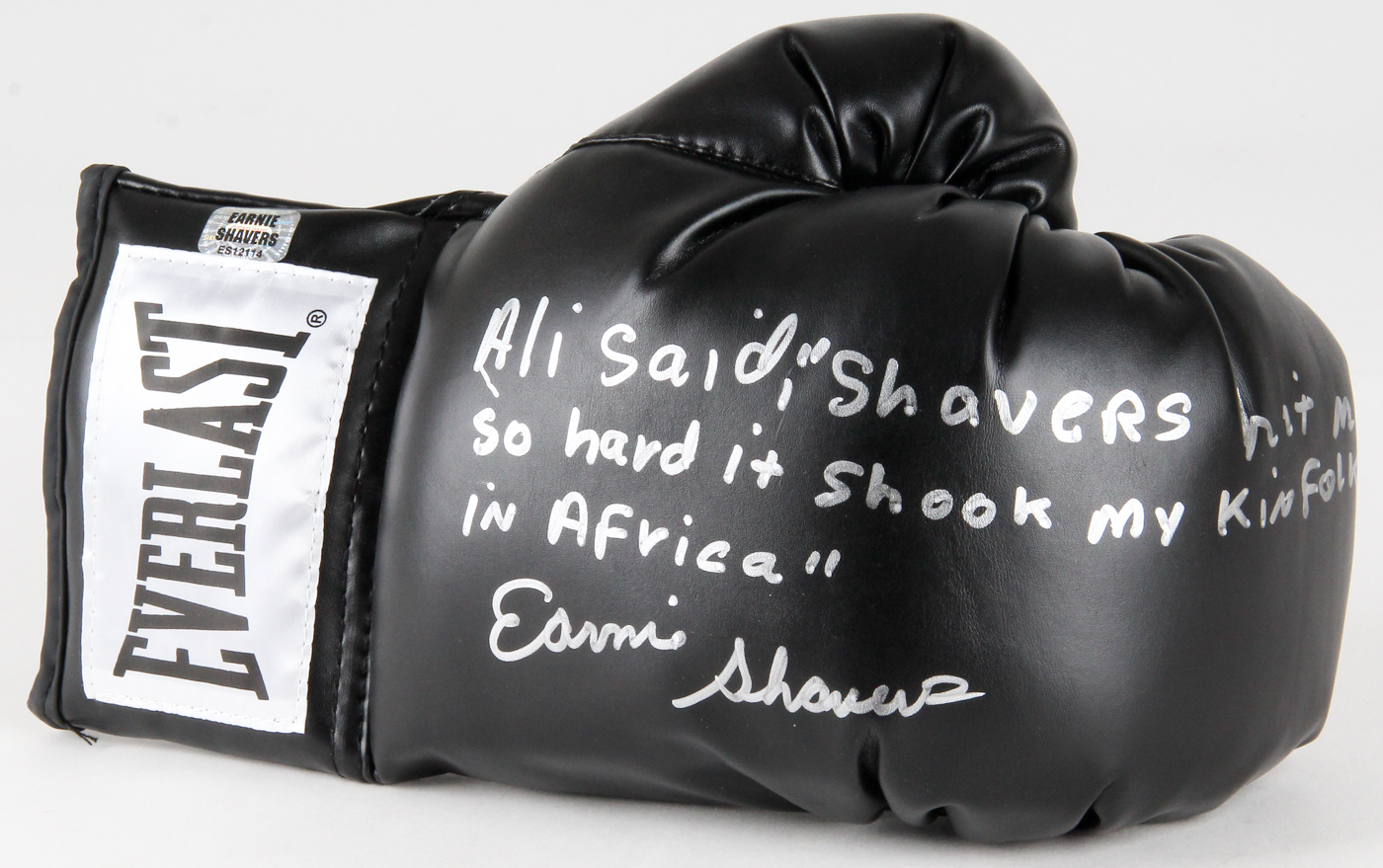 Earnie Shavers Signed Everlast Boxing Glove with Extensive Inscription Referencing Muhammad Ali (Shavers Hologram) at PristineAuction.com Earnie Shavers Signed Everlast Boxing Glove with Extensive Inscription Referencing Muhammad Ali (Shavers Hologram) at PristineAuction.com