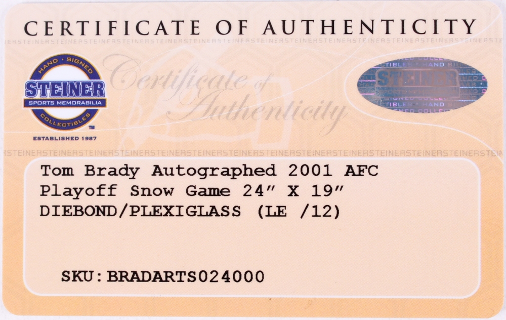 Tom Brady Signed LE Patriots "2001 AFC Playoff" 16x23 Glass Shadowbox (Steiner COA & TriStar Hologram) at PristineAuction.com Tom Brady Signed LE Patriots "2001 AFC Playoff" 16x23 Glass Shadowbox (Steiner COA & TriStar Hologram) at PristineAuction.com