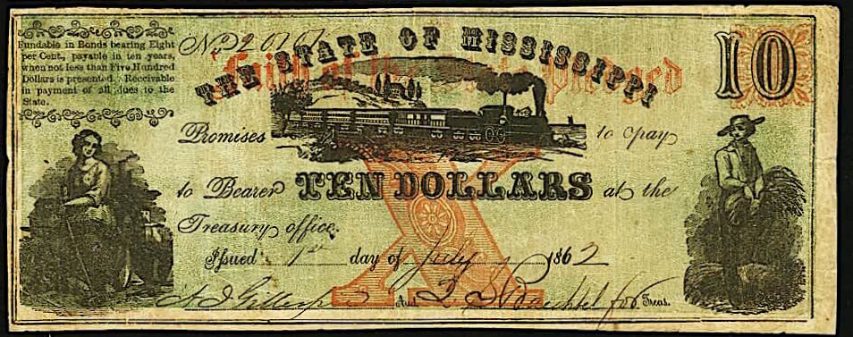 1862 $10 Ten Dollar State of Mississippi Faith of the State Pledged Bank Note Bill with Red Overprint at PristineAuction.com 1862 $10 Ten Dollar State of Mississippi Faith of the State Pledged Bank Note Bill with Red Overprint at PristineAuction.com