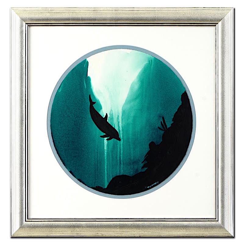 Wyland "Dolphin" Signed Original Watercolor on 19" Round Deckle-Edge Paper (Custom Framed to 31" x 31") at PristineAuction.com Wyland "Dolphin" Signed Original Watercolor on 19" Round Deckle-Edge Paper (Custom Framed to 31" x 31") at PristineAuction.com