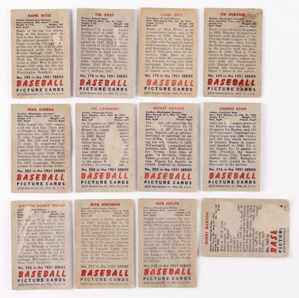 Lot of (12) 1951 Bowman Baseball Cards with 192 Hank Wyse RC, 178 Ted
